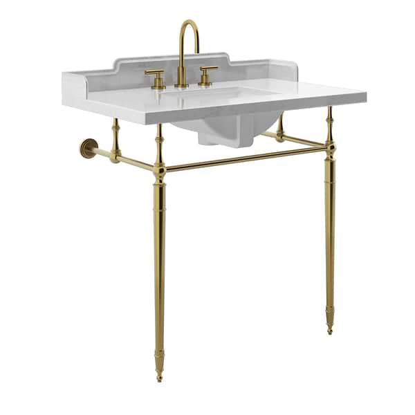 Napoleon Brushed Brass 36" Single Console with White Marble Top Rectangle Sink and Side Splash