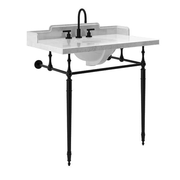 Napoleon Matte Black 36" Single Console with White Marble Top Oval Sink and Side Splash