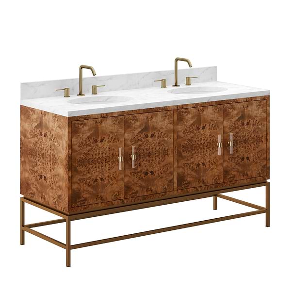Kaia 60" Burl Wood Double Vanity with Cararra Marble Top