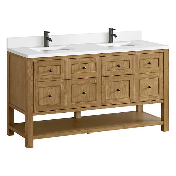 James Martin Vanities Breckenridge Light Natural Oak 60" Double Vanity with White Zeus Quartz Top and Backsplash