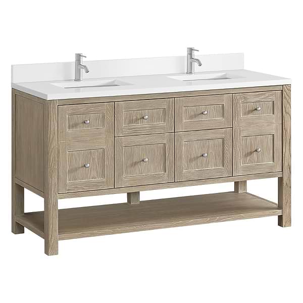James Martin Vanities Breckenridge Whitewashed Oak 60" Double Vanity with White Zeus Quartz and Backsplash Top