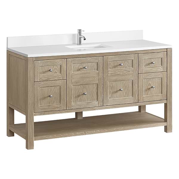 James Martin Vanities Breckenridge Whitewashed Oak 60" Single Vanity with White Zeus Quartz and Backsplash Top