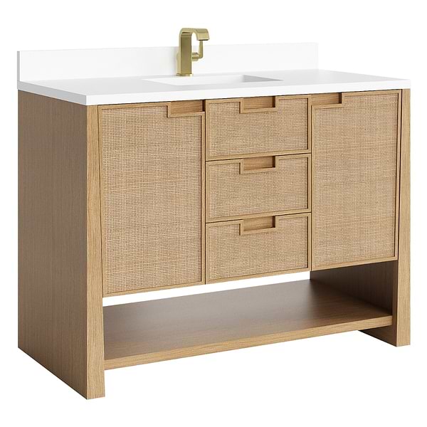 James Martin Vanities Solene Seaside Oak 48" Single Vanity with Zeus Quartz Top and Backsplash