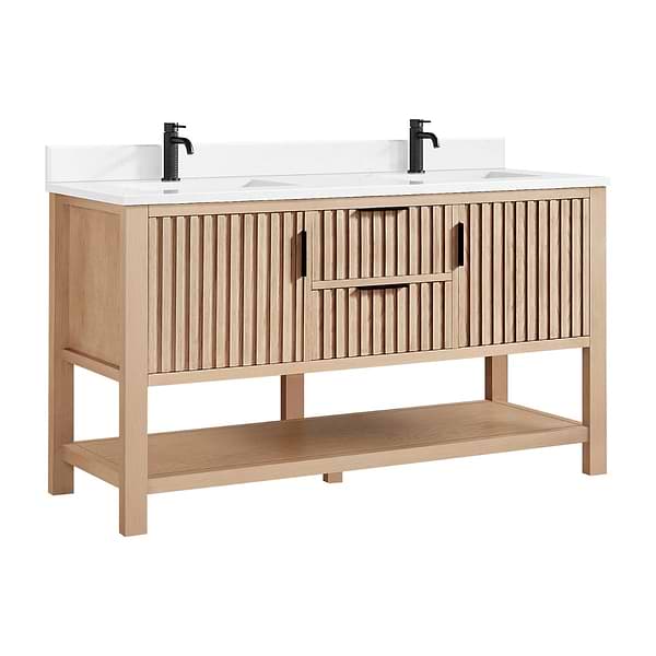 Valera Natural Oak 60" Double Vanity with White Grain Composite Stone Top
