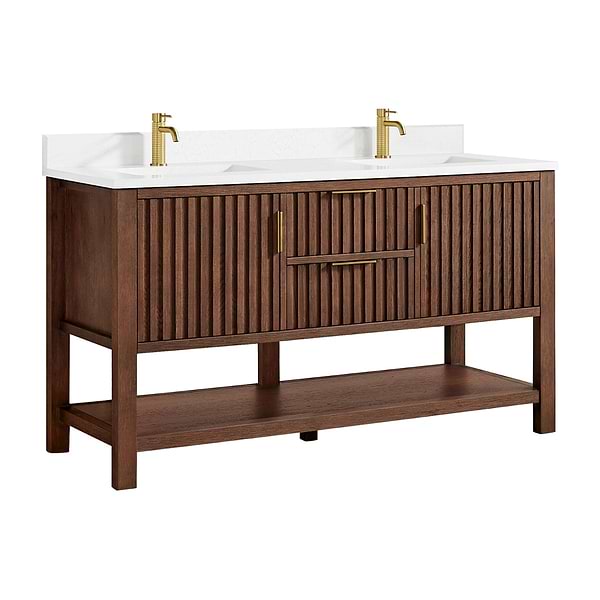 Valera Brown Oak 60" Double Vanity with White Grain Composite Stone Top