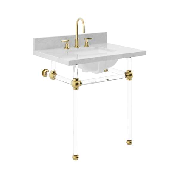 Elinor Brushed Brass 30" Single Console with Carrara Marble Top Rectangle Sink and Backsplash