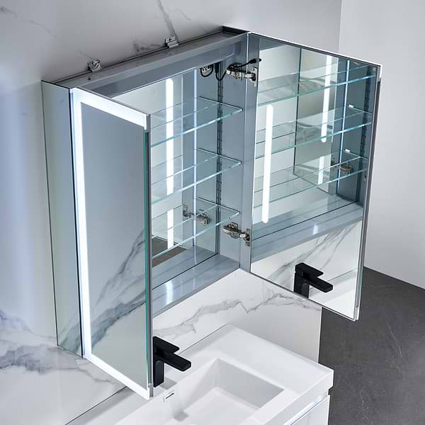 Mirava 30x32"  Rectangle Recessed or Wall Mounted Reversible LED Medicine Cabinet with Mirror in Silver, View 5, open zoomed image