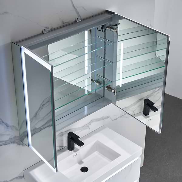 Mirava 36x32"  Rectangle Recessed or Wall Mounted Side by Side LED Medicine Cabinet with Mirror in Silver, View 5, open zoomed image