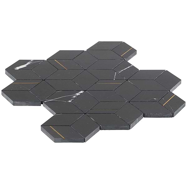 Morgana Nero Polished Marble and Brass Mosaic Tile