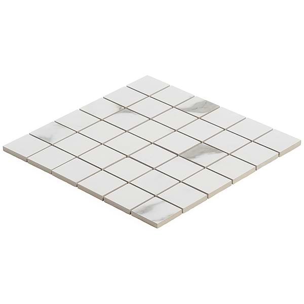 DreamStone Statuario Valley 2x2 Matte Porcelain Mosaic - Sample in White with Gray Brown Veining, View 8, open zoomed image