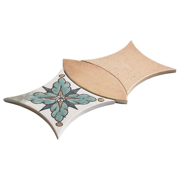 Raval Peach Terracotta 3x8 Petal and 6x6 Kite with Deco Amelia Multicolor Kite Matte Porcelain Tile