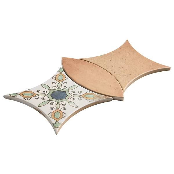 Raval Peach Terracotta 3x8 Petal and 6x6 Kite with Deco Carlota Multicolor Kite Matte Porcelain Tile