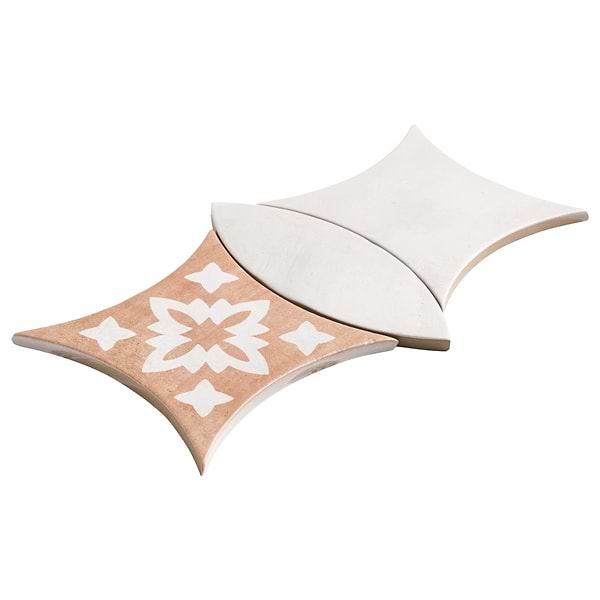 Raval White 3x8 Petal and 6x6 Kite with Deco Natalia Terracotta Kite Matte Porcelain Tile
