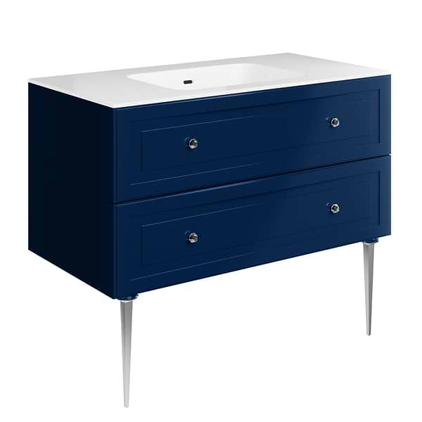 Alma Blue 42" Vanity with Chrome Legs & Knobs with Integrated White Solid Surface Top