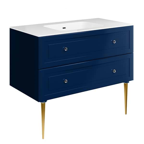 Alma Blue 42" Vanity with Gold Legs & Knobs with Integrated White Solid Surface Top