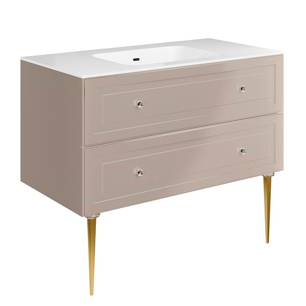 Alma Taupe 42" Vanity with Gold Legs & Knobs with Integrated White Solid Surface Top