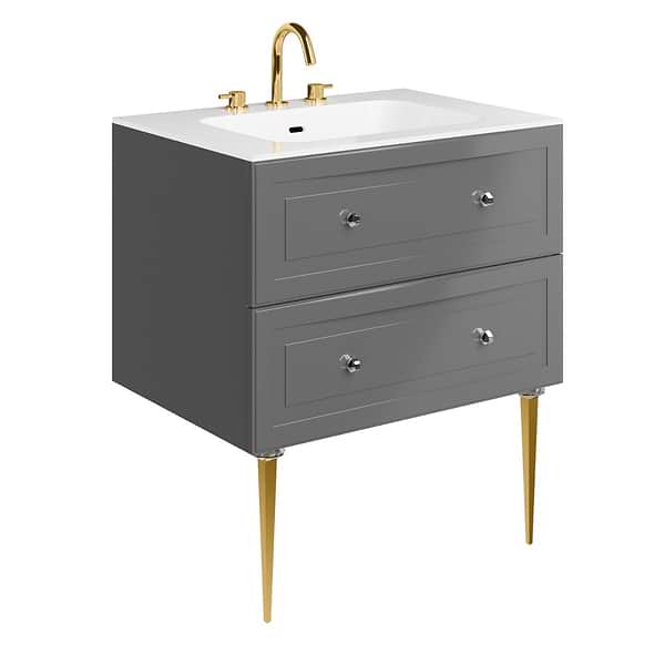 Alma Gray 30" Vanity with Gold Legs & Knobs with Integrated White Solid Surface Top