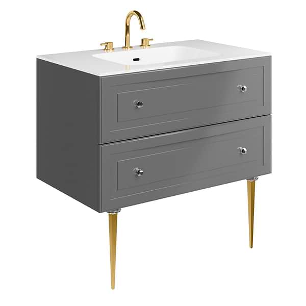 Alma Gray 36" Vanity with Gold Legs & Knobs with Integrated White Solid Surface Top
