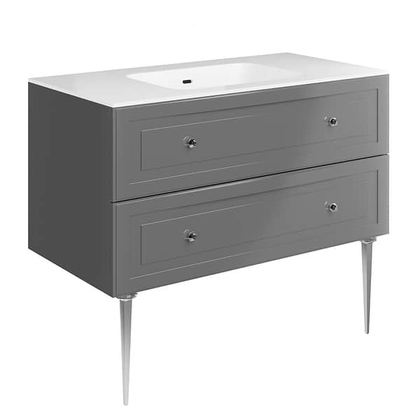 Alma Gray 42" Vanity with Chrome Legs & Knobs with Integrated White Solid Surface Top