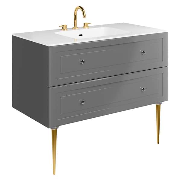Alma Gray 42" Vanity with Gold Legs & Knobs with Integrated White Solid Surface Top