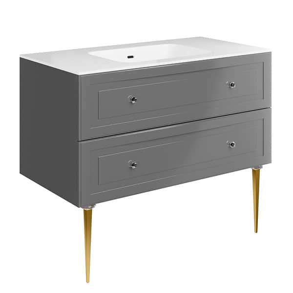 Alma Gray 42" Vanity with Gold Legs & Knobs with Integrated White Solid Surface Top