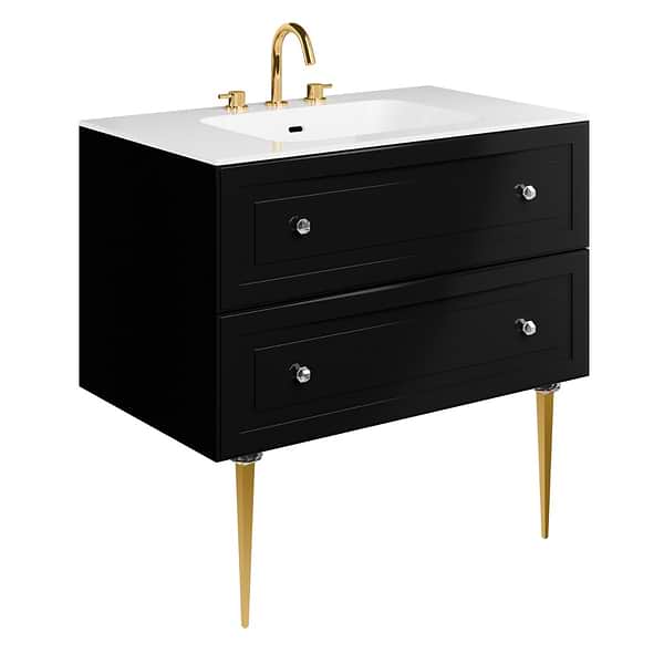 Alma Black 36" Vanity with Gold Legs & Knobs with Integrated White Solid Surface Top