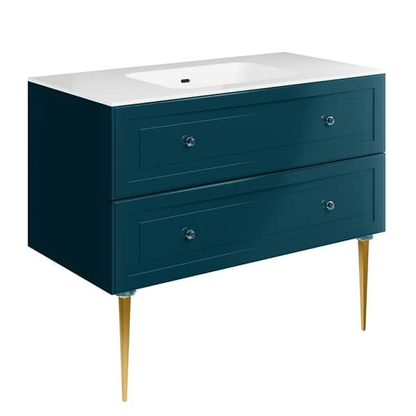 Alma Turquoise 42" Vanity with Gold Legs & Knobs with Integrated White Solid Surface Top