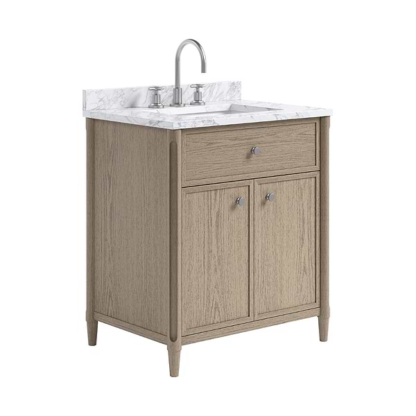 Ashford Greige Ash 30" Single Vanity with Carrara Marble Top by TileBar Studio Vanities, View 4, open zoomed image