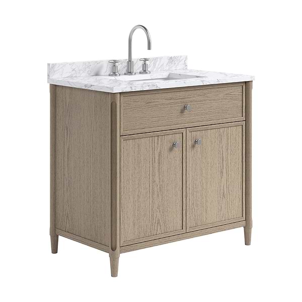Ashford Greige Ash 36" Single Vanity with Carrara Marble Top by TileBar Studio Vanities, View 4, open zoomed image