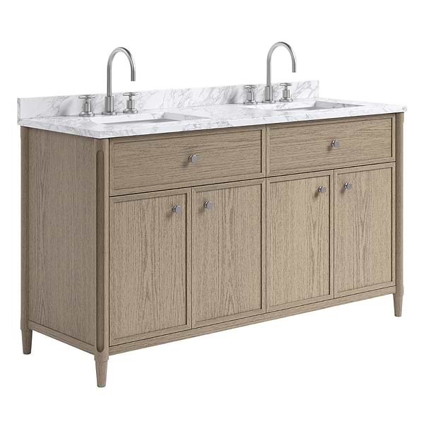 Ashford Greige Ash 60" Double Vanity with Carrara Marble Top by TileBar Studio Vanities, View 4, open zoomed image
