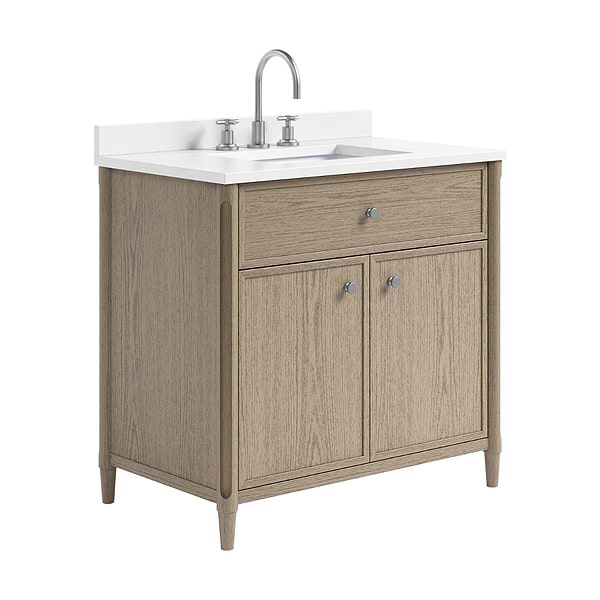 Ashford Greige Ash 36" Single Vanity with White Quartz Top by TileBar Studio Vanities, View 4, open zoomed image