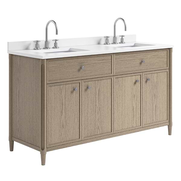 Ashford Greige Ash 60" Double Vanity with White Quartz Top by TileBar Studio Vanities, View 4, open zoomed image