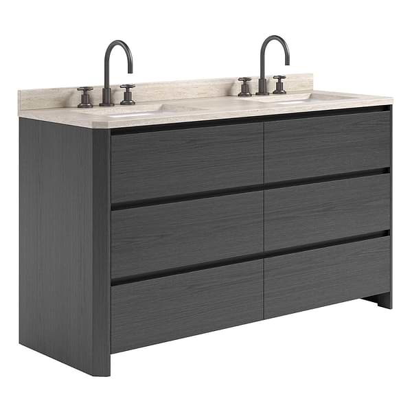 Dalton Ebony Oak 60" Double Vanity with Romano Travertine Top by TileBar Studio Vanities, View 4, open zoomed image
