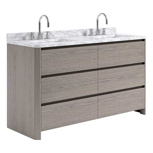 Dalton Steel Oak 60" Double Vanity with Carrara Marble Top by TileBar Studio Vanities, View 4, open zoomed image