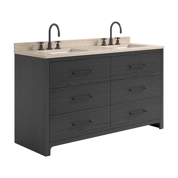 TileBar Studio Vanities Edison Ebony Oak 60" Double Vanity with Romano Travertine Top