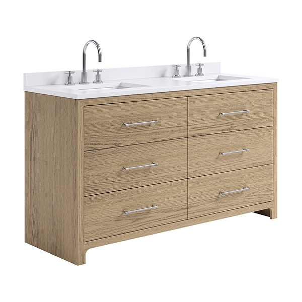 TileBar Studio Vanities Edison Medium Ash 60" Double Vanity with White Quartz Top