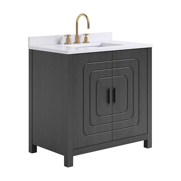 Emett Ebony Oak 36" Single Vanity with White Quartz Top by TileBar Studio Vanities, View 4, open zoomed image