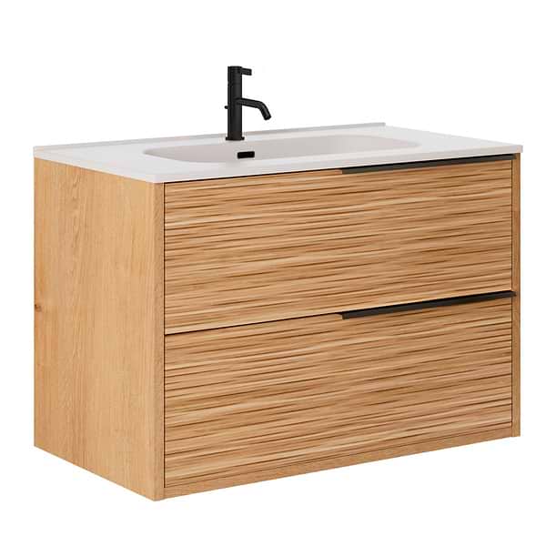 Kora Bamboo Faux Finish 32" Single Vanity with Integrated White Ceramic Top & Black Handles