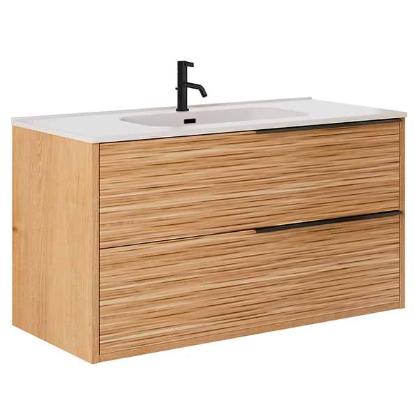 Kora Bamboo Faux Finish 40" Single Vanity with Integrated White Ceramic Top & Black Handles