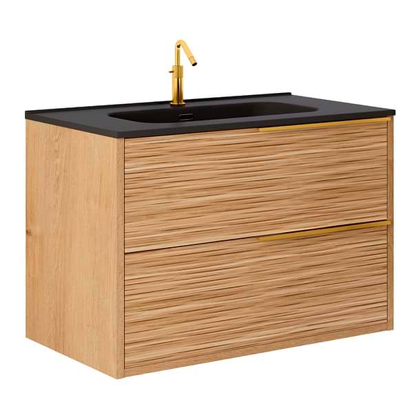 Kora Bamboo Faux Finish 32" Single Vanity with Integrated Black Ceramic Top & Gold Handles