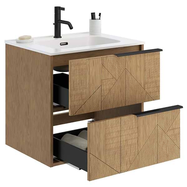 Kora Geo Faux Fluted 24" Single Vanity with Integrated White Ceramic Top & Black Handles