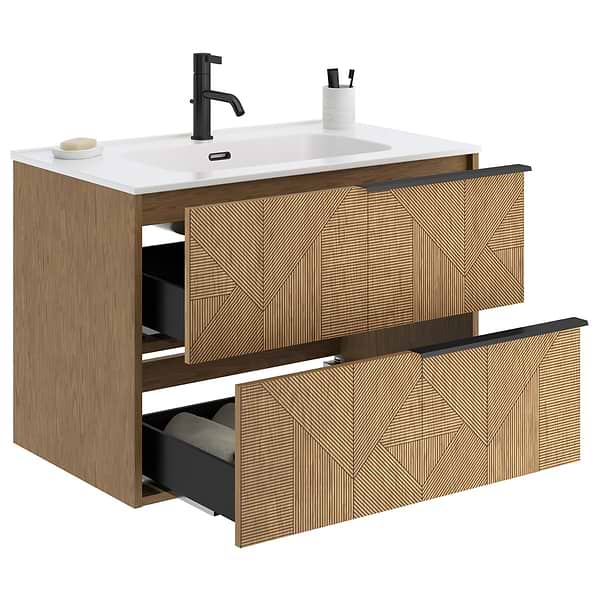 Kora Geo Faux Fluted 32" Single Vanity with Integrated White Ceramic Top & Black Handles