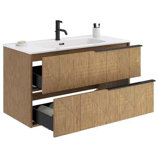 Kora Geo Faux Fluted 40" Single Vanity with Integrated White Ceramic Top & Black Handles
