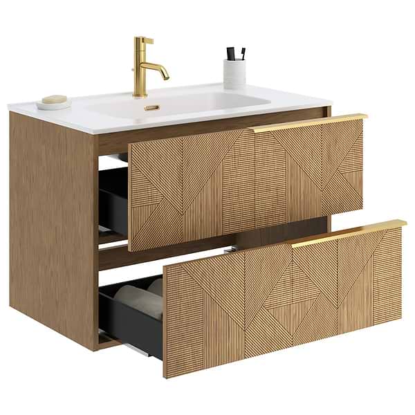 Kora Geo Faux Fluted 32" Single Vanity with Integrated White Ceramic Top & Gold Handles
