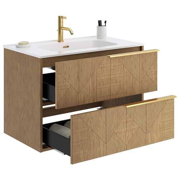 Kora Geo Faux Fluted 40" Single Vanity with Integrated White Ceramic Top & Gold Handles