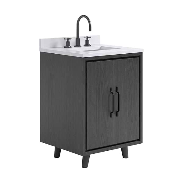 Setton Ebony Oak 24" Single Vanity with White Quartz Top by TileBar Studio Vanities, View 4, open zoomed image