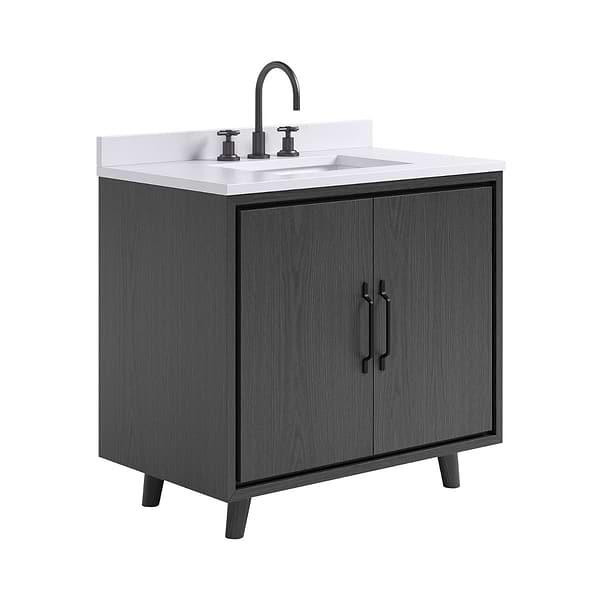 Setton Ebony Oak 36" Single Vanity with White Quartz Top by TileBar Studio Vanities, View 4, open zoomed image