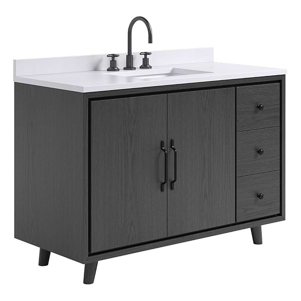Setton Ebony Oak 48" Single Vanity with White Quartz Top by TileBar Studio Vanities, View 4, open zoomed image