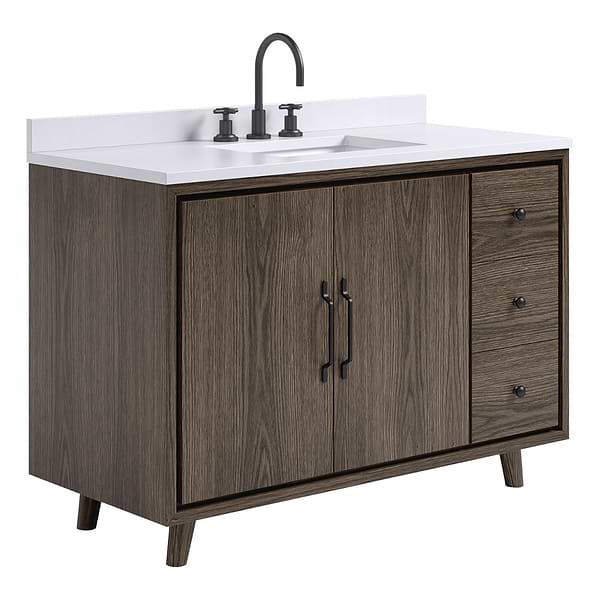 Setton Espresso Oak 48" Single Vanity with White Quartz Top by TileBar Studio Vanities, View 4, open zoomed image