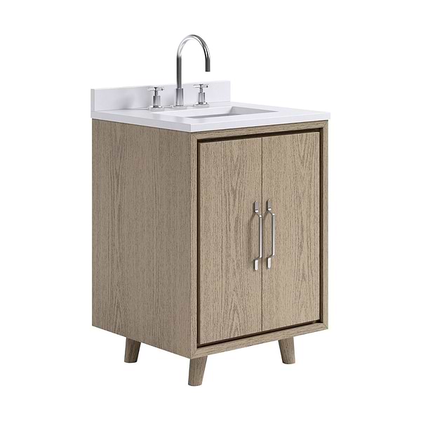 Setton Greige Ash 24" Single Vanity with White Quartz Top by TileBar Studio Vanities, View 4, open zoomed image